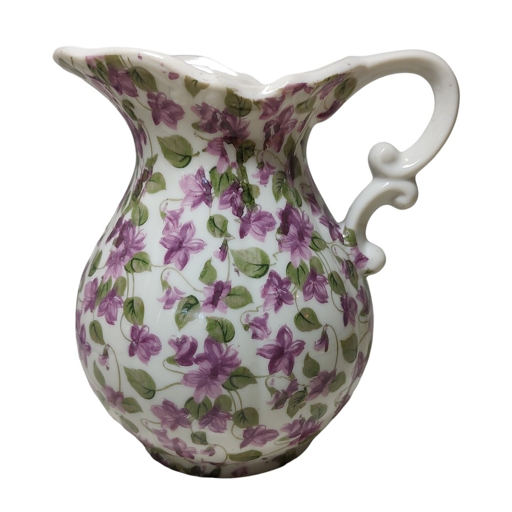 Vintage Nancy Pew Small Pitcher Vase with Violets Made in Japan Country Living